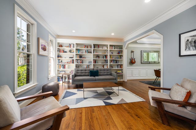 A library with a living room