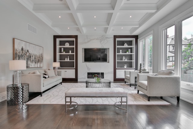 A white living room with a granite wall