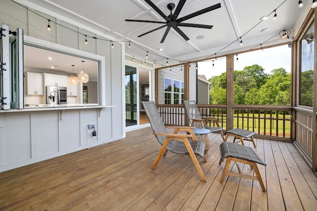 A porch with window access for the kitchen