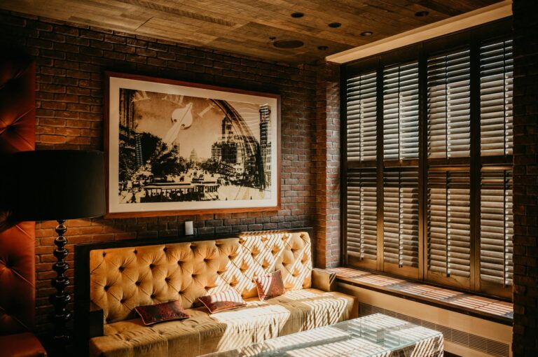 Brown living room with sun lighting on the window