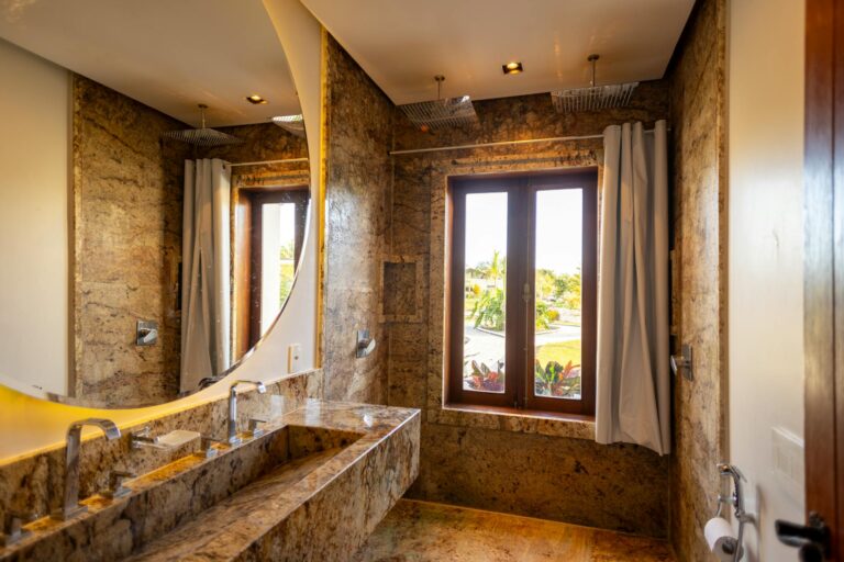 A modern brown bathroom