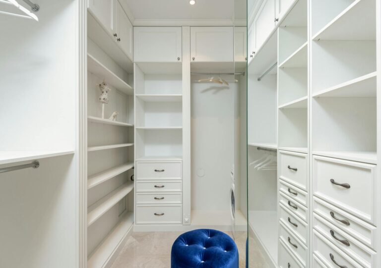 A white walk in closet